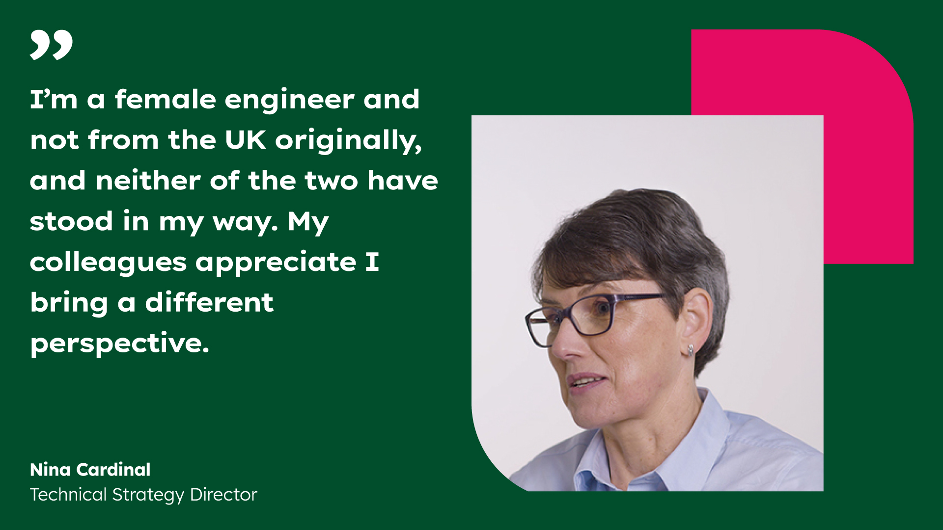 Quote from a female engineer about diversity and perspectives in the workplace, with her name and title displayed.