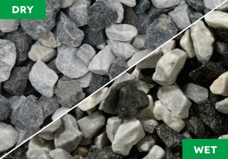 Comparison of construction stones showing a dry surface on the left and a wet surface on the right.