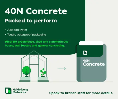 40N Concrete advertisement featuring a green and white design. Text highlights "Just add water" and "Tough, waterproof packaging." A greenhouse illustration on the left links to a concrete bag image on the right, promoting uses for greenhouse bases, sheds, walls, and general concreting. Heidelberg Materials logo at the bottom left.